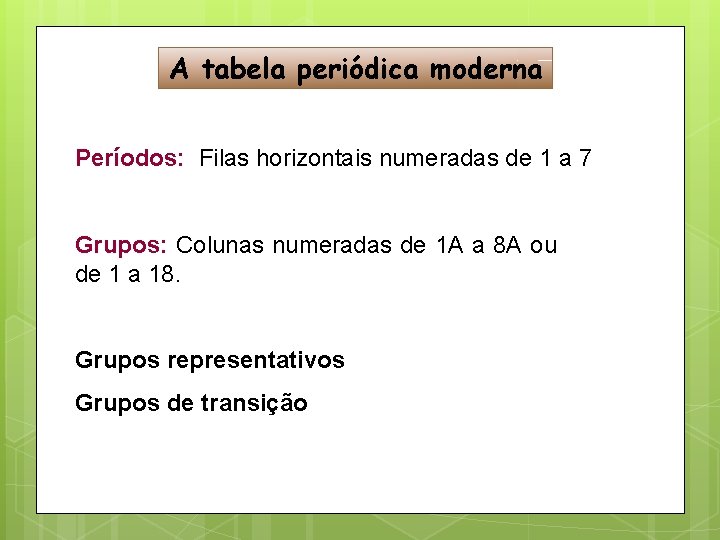 A tabela periódica moderna Períodos: Filas horizontais numeradas de 1 a 7 Grupos: Colunas