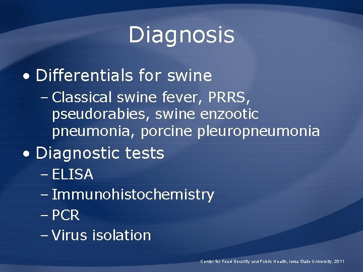 Diagnosis • Differentials for swine – Classical swine fever, PRRS, pseudorabies, swine enzootic pneumonia,
