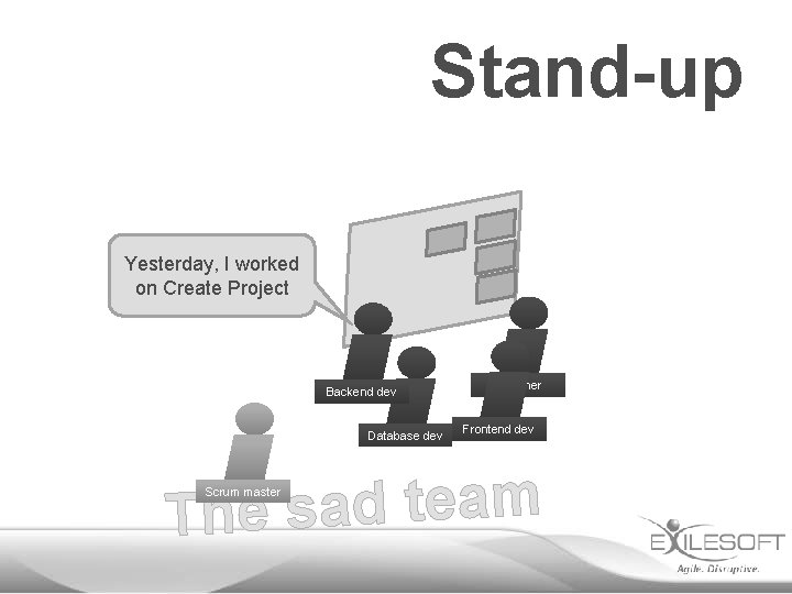 Stand-up Yesterday, I worked on Create Project Backend dev Database dev Designer Frontend dev