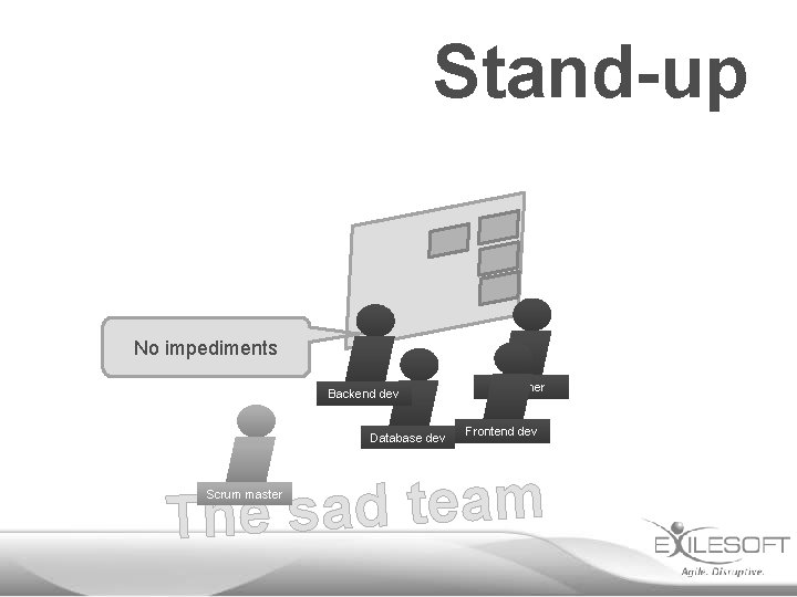 Stand-up No impediments Backend dev Database dev Designer Frontend dev m a e t