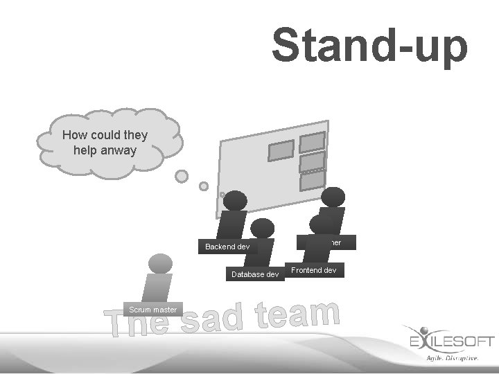 Stand-up How could they help anway Backend dev Database dev Designer Frontend dev m