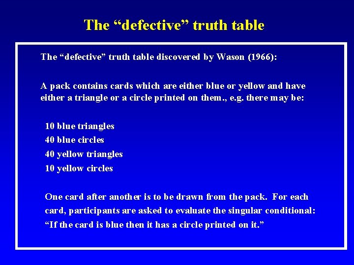 The “defective” truth table discovered by Wason (1966): A pack contains cards which are