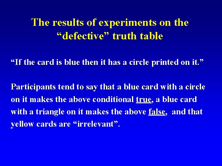  The results of experiments on the “defective” truth table “If the card is