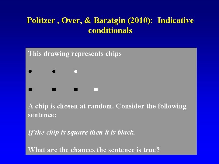 Politzer , Over, & Baratgin (2010): Indicative conditionals This drawing represents chips ● ●