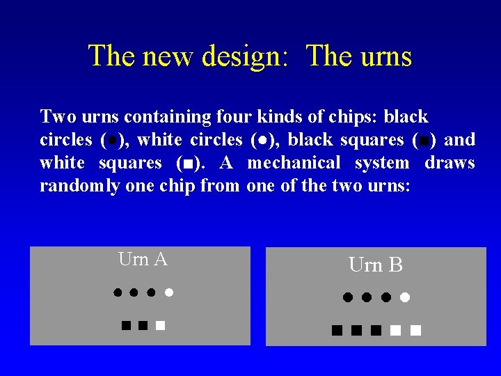 The new design: The urns Two urns containing four kinds of chips: black circles