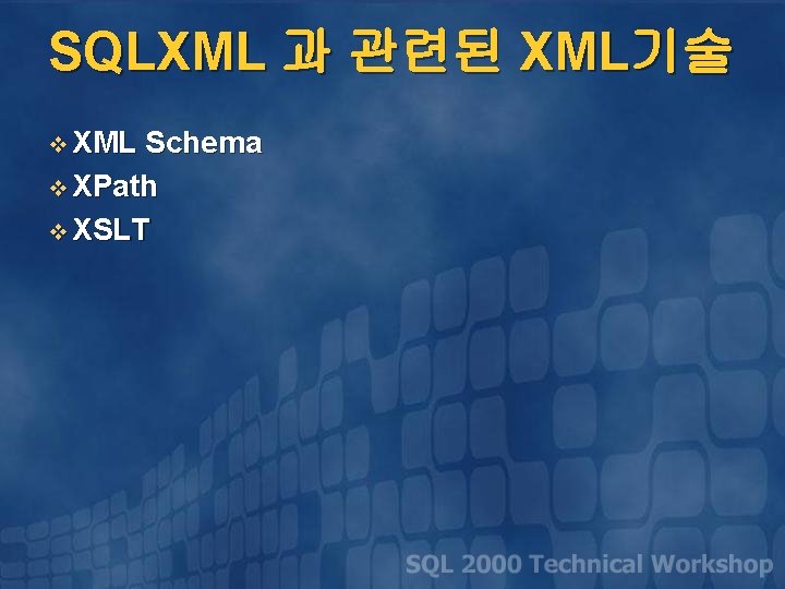 SQLXML 과 관련된 XML기술 v XML Schema v XPath v XSLT 