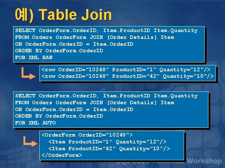예) Table Join SELECT Order. Form. Order. ID, Item. Product. ID Item. Quantity FROM