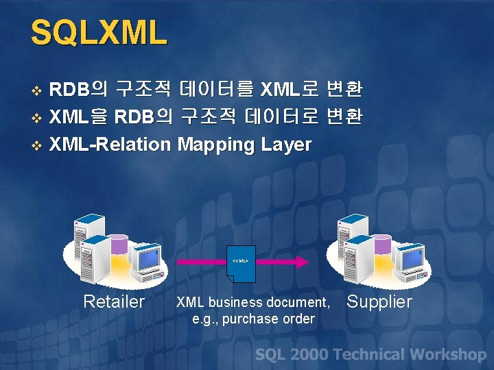 SQLXML RDB의 구조적 데이터를 XML로 변환 v XML을 RDB의 구조적 데이터로 변환 v XML-Relation