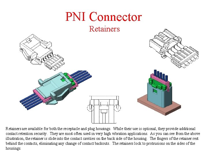 PNI Connector Retainers are available for both the receptacle and plug housings. While their