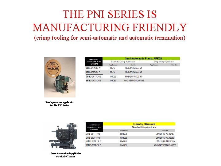 THE PNI SERIES IS MANUFACTURING FRIENDLY (crimp tooling for semi-automatic and automatic termination) Bench