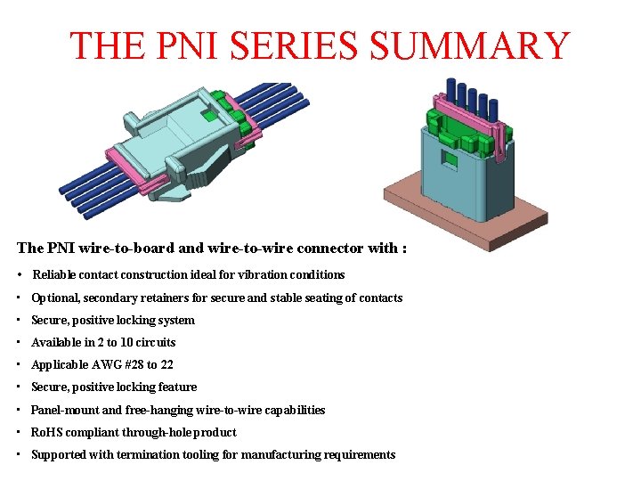 THE PNI SERIES SUMMARY The PNI wire-to-board and wire-to-wire connector with : • Reliable