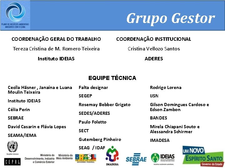 Grupo Gestor COORDENAÇÃO GERAL DO TRABALHO COORDENAÇÃO INSTITUCIONAL Tereza Cristina de M. Romero Teixeira