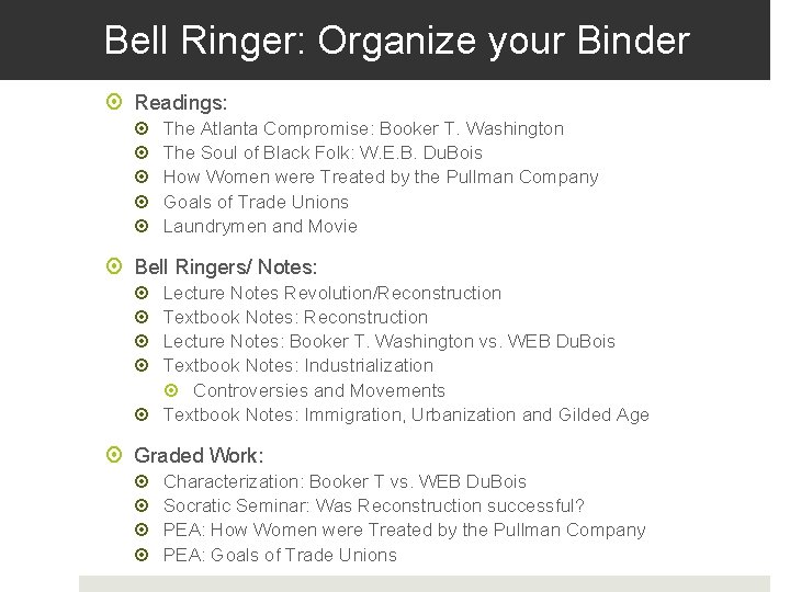 Bell Ringer: Organize your Binder Readings: The Atlanta Compromise: Booker T. Washington The Soul