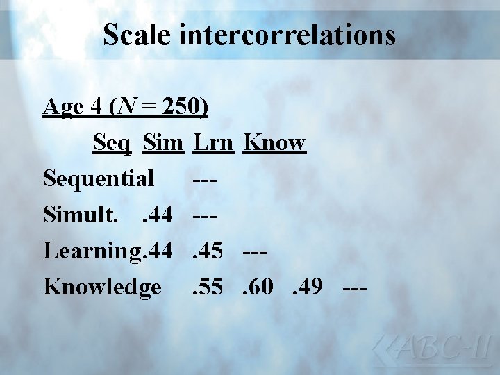 Scale intercorrelations Age 4 (N = 250) Seq Sim Lrn Know Sequential --Simult. .