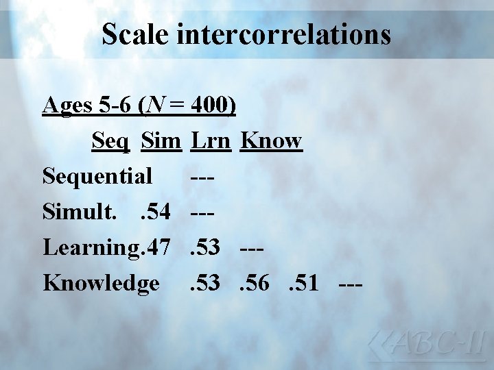 Scale intercorrelations Ages 5 -6 (N = 400) Seq Sim Lrn Know Sequential --Simult.