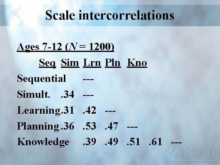 Scale intercorrelations Ages 7 -12 (N = 1200) Seq Sim Lrn Pln Kno Sequential