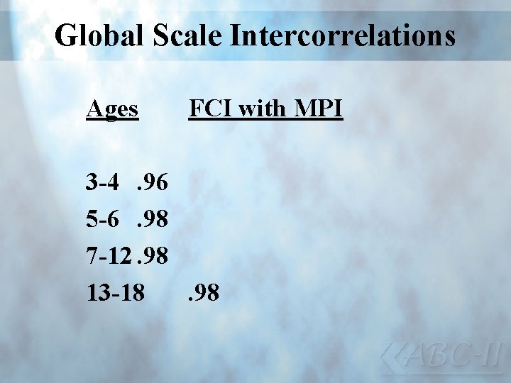 Global Scale Intercorrelations Ages FCI with MPI 3 -4. 96 5 -6. 98 7