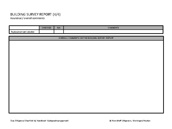 BUILDING SURVEY REPORT (4/4) Insurance / overall comments CHECKED N/A COMMENTS Replacement cost valuation