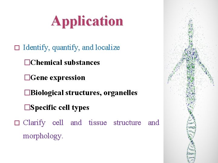 Application � Identify, quantify, and localize �Chemical substances �Gene expression �Biological structures, organelles �Specific