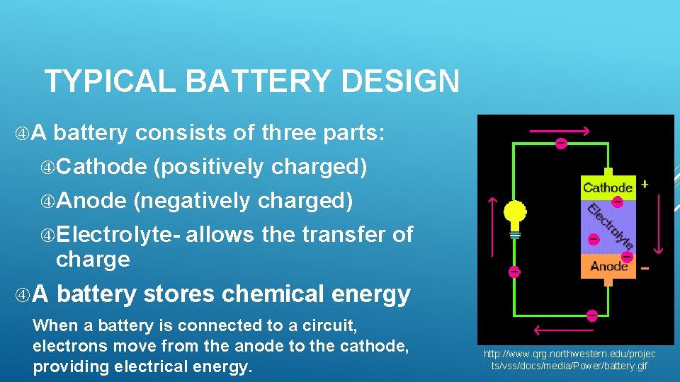 TYPICAL BATTERY DESIGN A battery consists of three parts: Cathode (positively charged) Anode (negatively