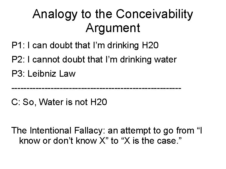 Analogy to the Conceivability Argument P 1: I can doubt that I’m drinking H