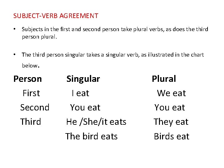 SUBJECT-VERB AGREEMENT • Subjects in the first and second person take plural verbs, as
