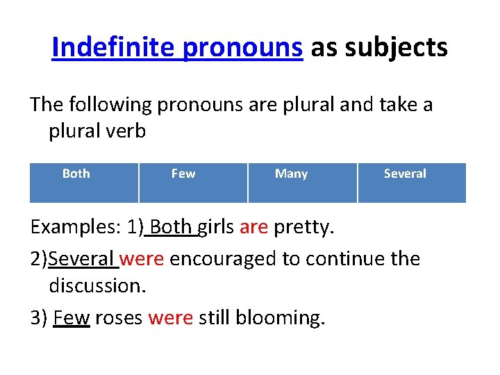 Indefinite pronouns as subjects The following pronouns are plural and take a plural verb