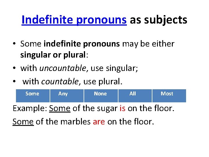 Indefinite pronouns as subjects • Some indefinite pronouns may be either singular or plural: