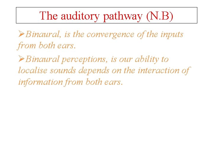 The auditory pathway (N. B) ØBinaural, is the convergence of the inputs from both
