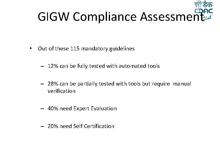 GIGW Compliance Assessment • Out of these 115 mandatory guidelines – 12% can be