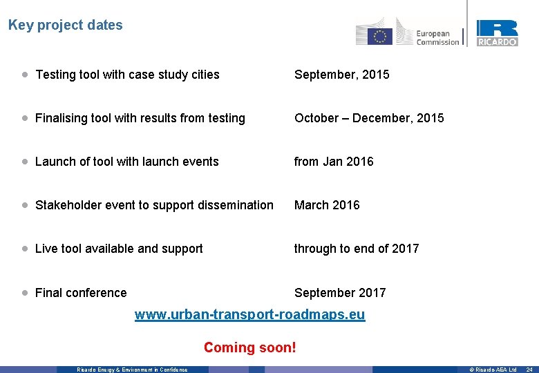 Key project dates • Testing tool with case study cities September, 2015 • Finalising