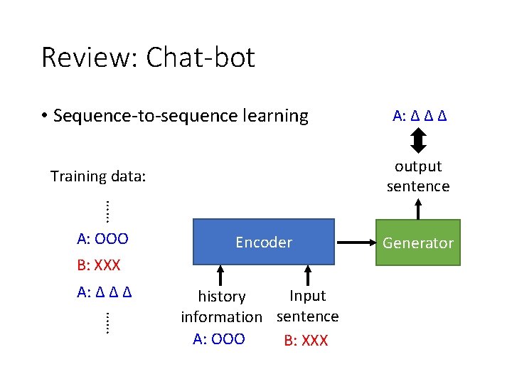 Review: Chat-bot • Sequence-to-sequence learning A: ∆ ∆ ∆ output sentence Training data: ……