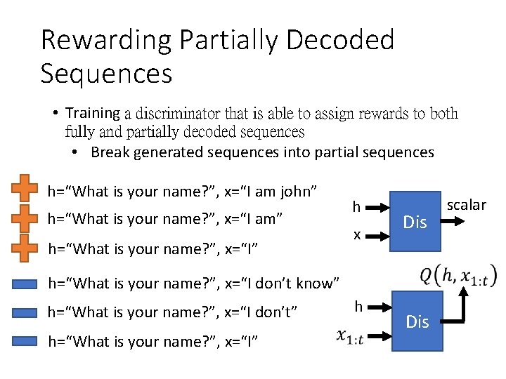 Rewarding Partially Decoded Sequences • Training a discriminator that is able to assign rewards