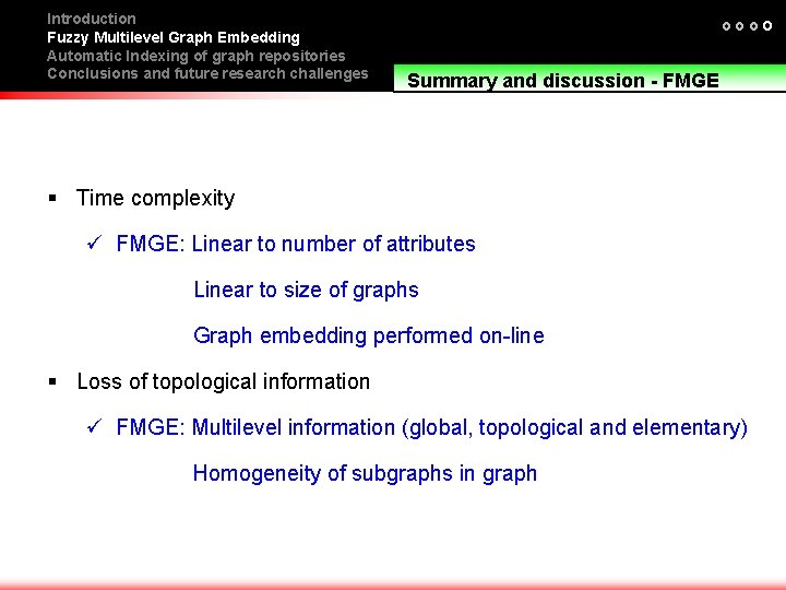 Introduction Fuzzy Multilevel Graph Embedding Automatic Indexing of graph repositories Conclusions and future research