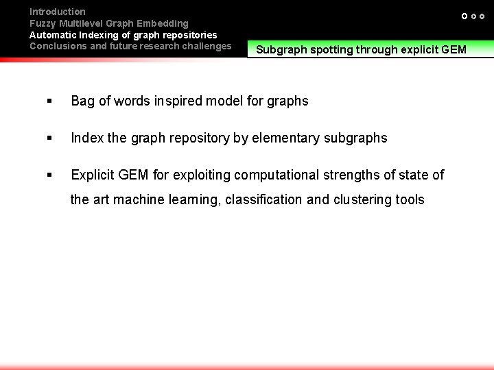 Introduction Fuzzy Multilevel Graph Embedding Automatic Indexing of graph repositories Conclusions and future research