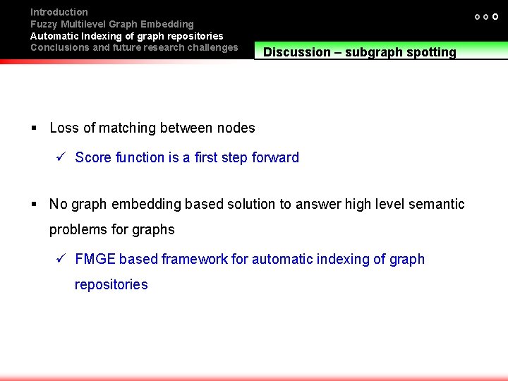 Introduction Fuzzy Multilevel Graph Embedding Automatic Indexing of graph repositories Conclusions and future research