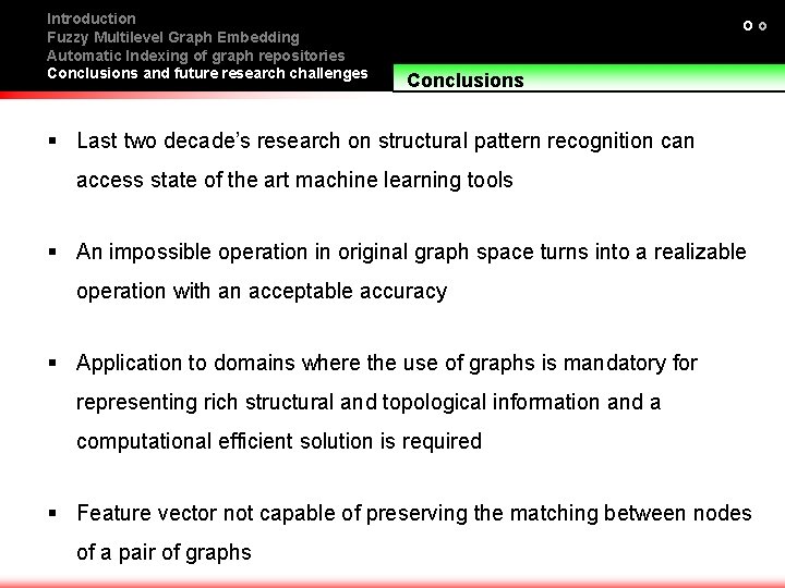 Introduction Fuzzy Multilevel Graph Embedding Automatic Indexing of graph repositories Conclusions and future research