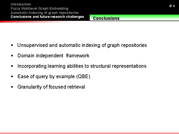 Introduction Fuzzy Multilevel Graph Embedding Automatic Indexing of graph repositories Conclusions and future research