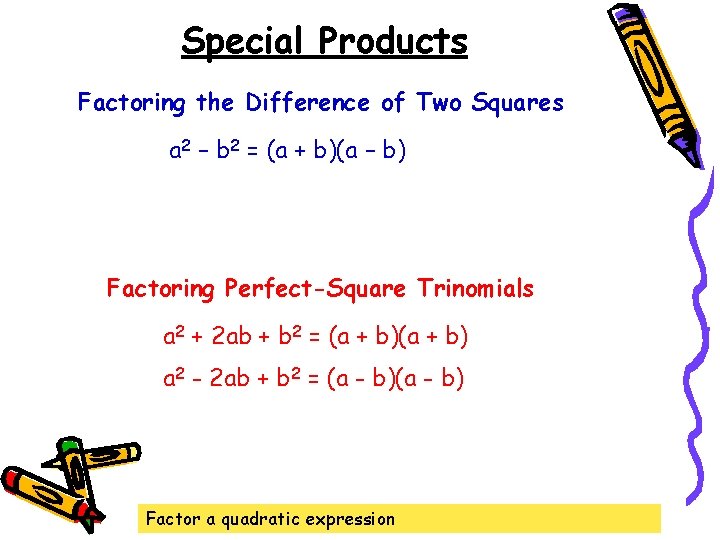 Special Products Factoring the Difference of Two Squares a 2 – b 2 =