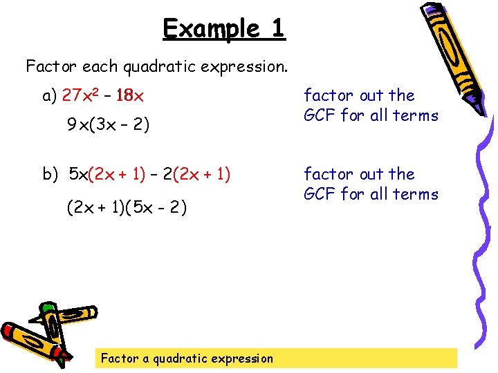 Example 1 Factor each quadratic expression. a) 27 27 x x 2 – 18