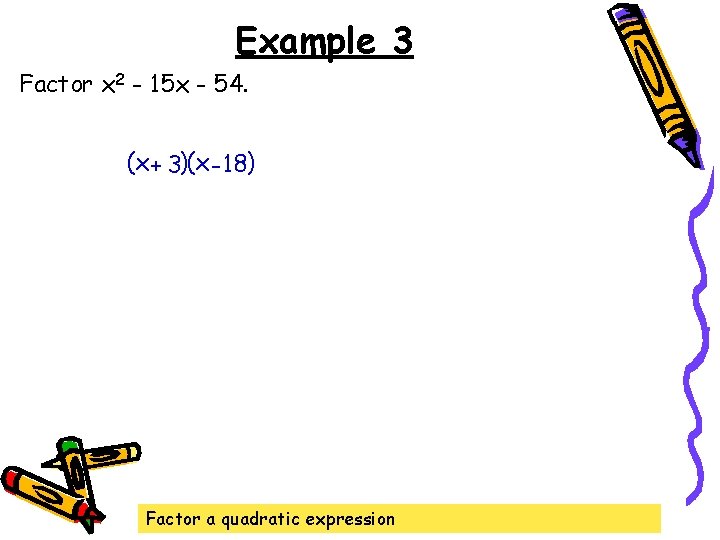 Example 3 Factor x 2 - 15 x - 54. (x + 3)(x -