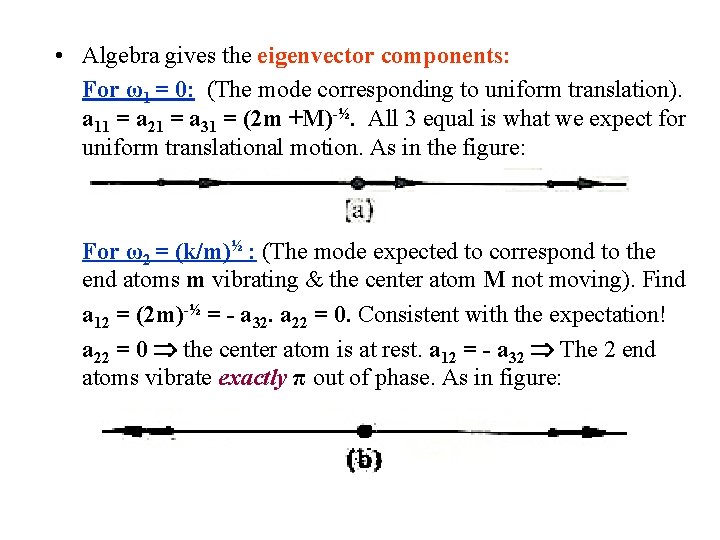  • Algebra gives the eigenvector components: For ω1 = 0: (The mode corresponding