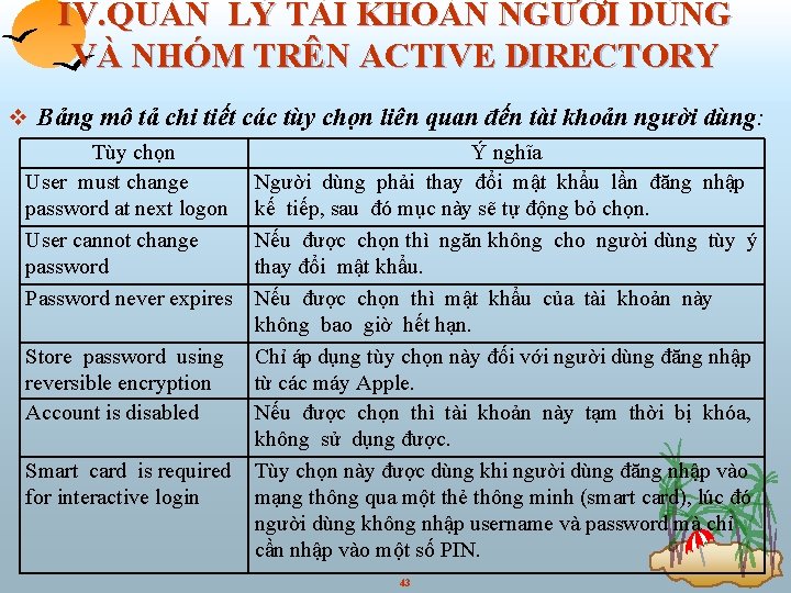 IV. QUẢN LÝ TÀI KHOẢN NGƯỜI DÙNG VÀ NHÓM TRÊN ACTIVE DIRECTORY v Bảng