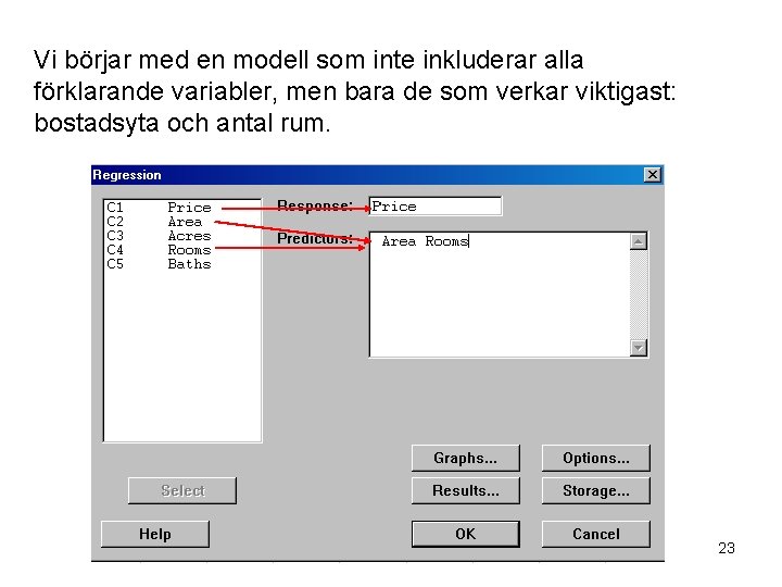 Vi börjar med en modell som inte inkluderar alla förklarande variabler, men bara de