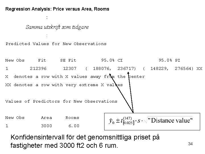Regression Analysis: Price versus Area, Rooms Samma utskrift som tidgare Predicted Values for New