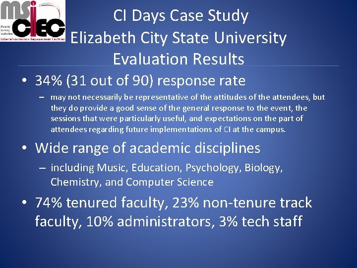 CI Days Case Study Elizabeth City State University Evaluation Results • 34% (31 out