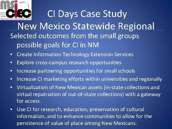 CI Days Case Study New Mexico Statewide Regional Selected outcomes from the small groups