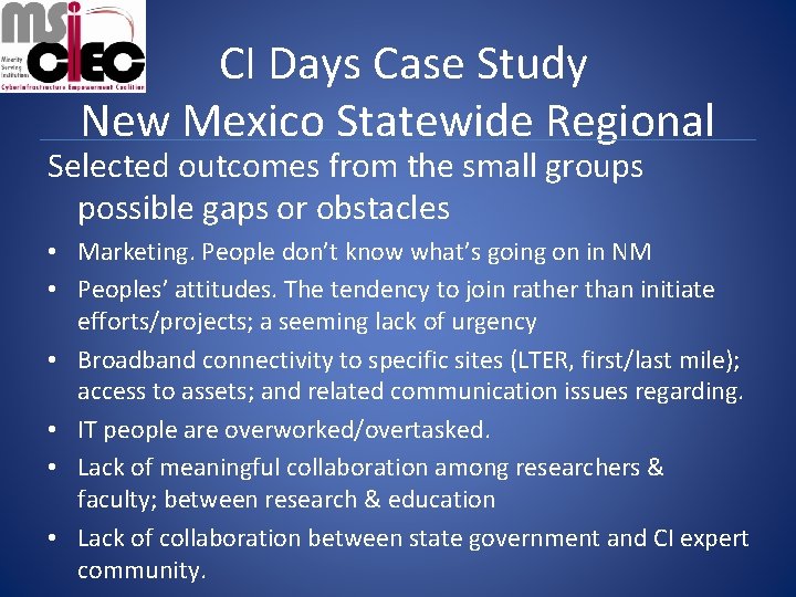 CI Days Case Study New Mexico Statewide Regional Selected outcomes from the small groups
