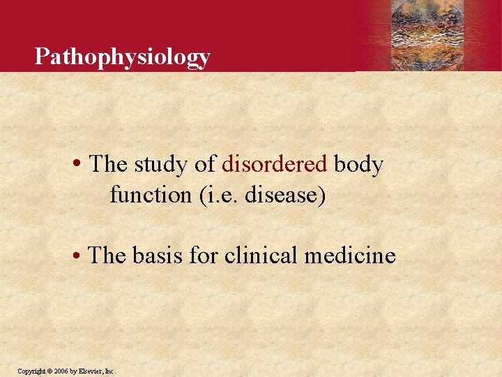 Pathophysiology • The study of disordered body function (i. e. disease) • The basis