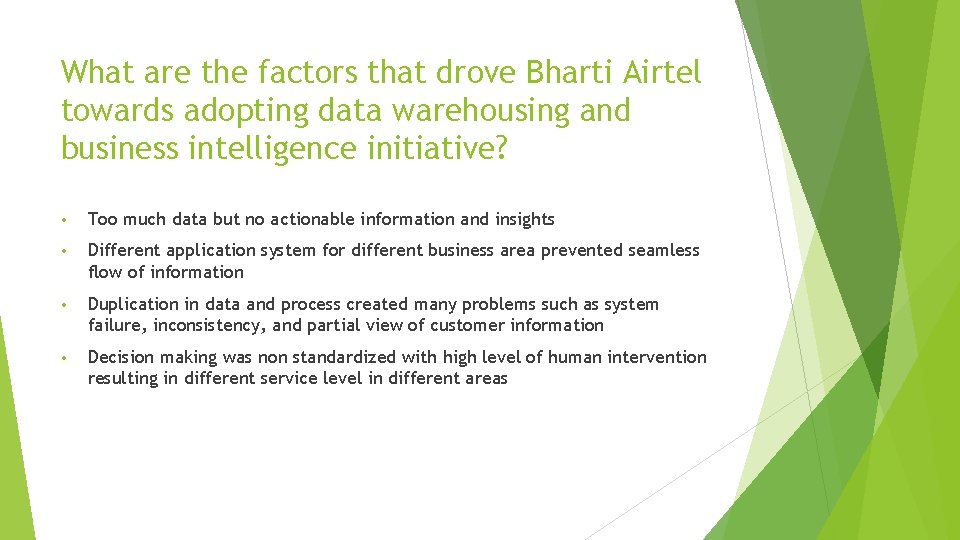 What are the factors that drove Bharti Airtel towards adopting data warehousing and business